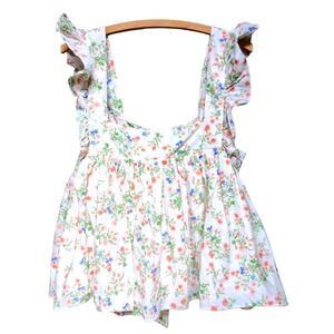MABLE Floral Print Sleeveless Baby Doll Back Tie Cotton Blouse Women's MEDIUM